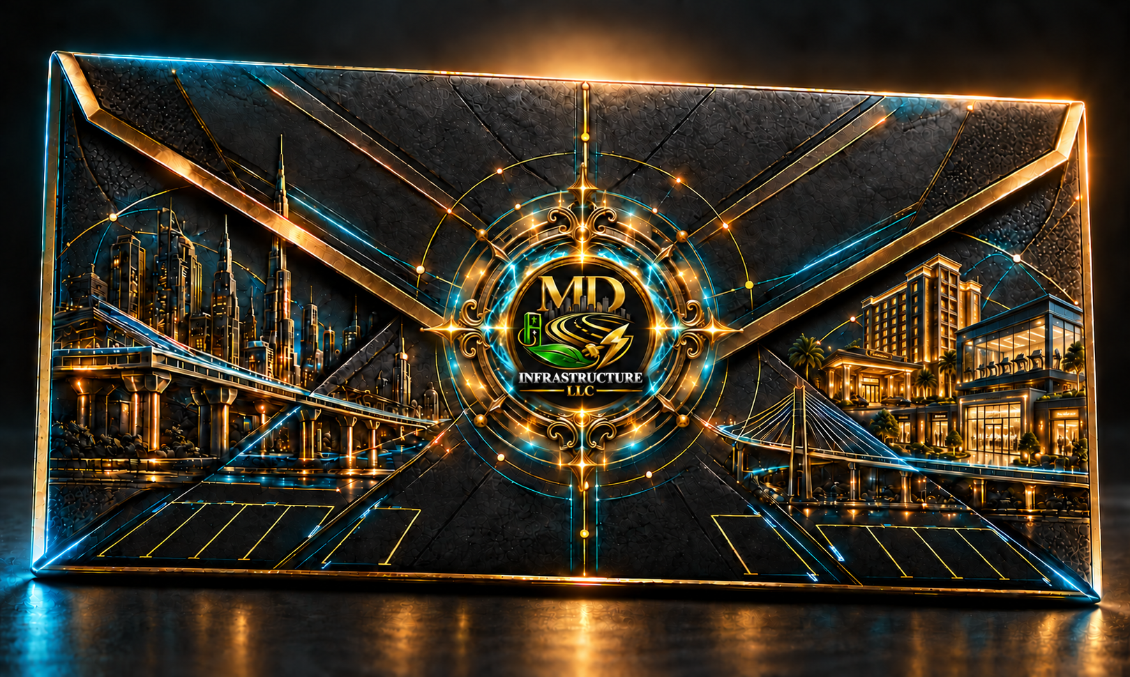 A powerful black-and-gold MDI invitation connecting infrastructure, parking, hotels, fitness and retail through live intelligence